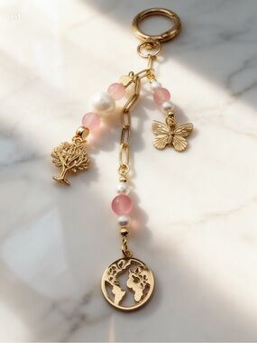 Gold Keychain with Pink Beads & Earth, Tree & Butterfly Charms